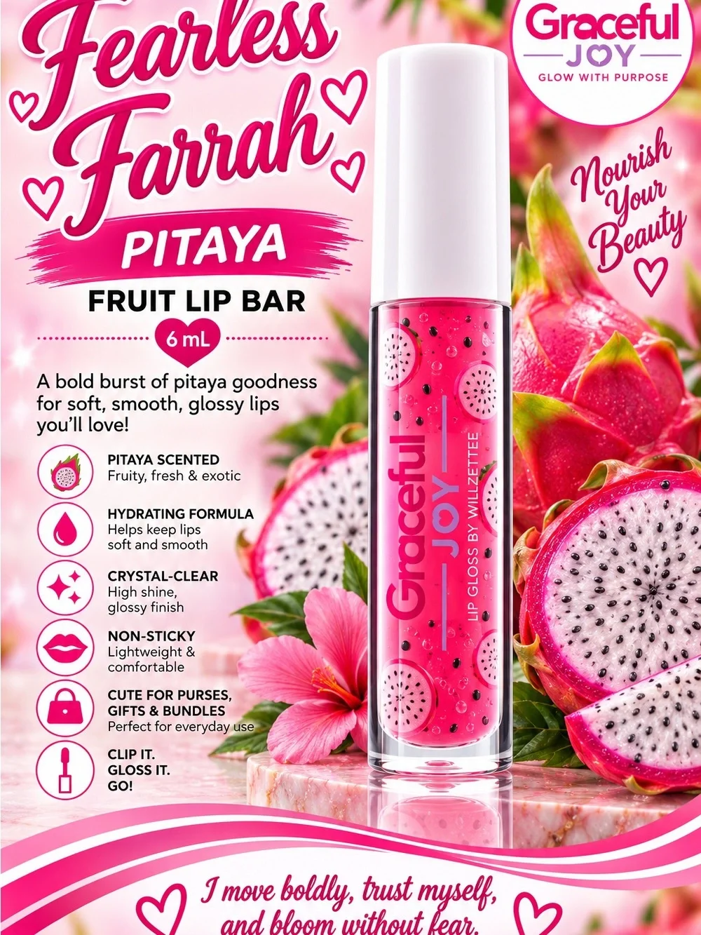 Graceful Joy Fearless Farrah Fruit Lip Bar - Clear Pitaya Gloss